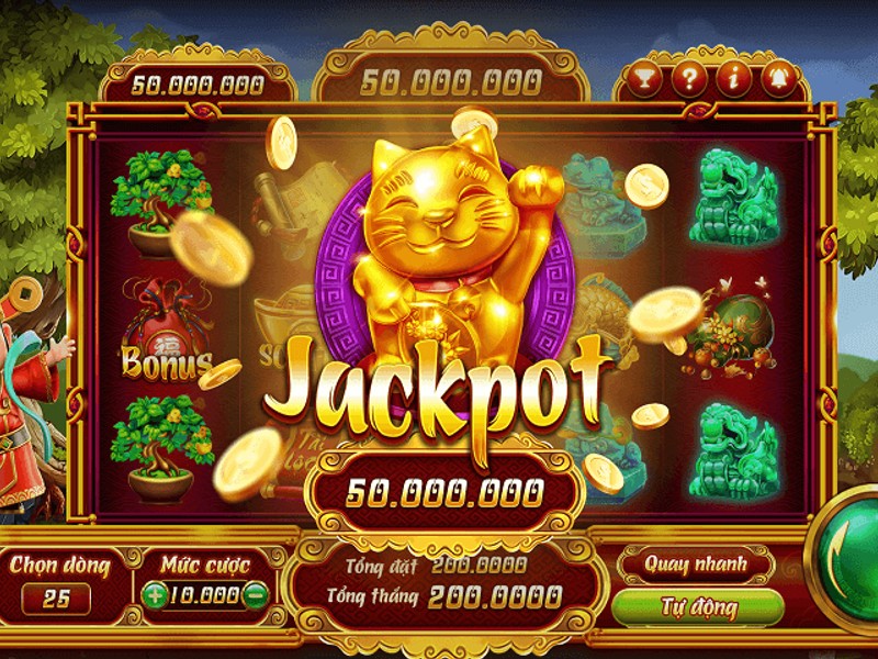 Hình ảnh máy slot game với biểu tượng may mắn và hiệu ứng jackpot